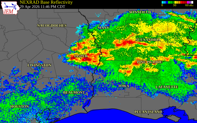 NEXRAD radar during the Wednesday, April 29, 2026 storm activity in Beauregard Parish, Louisiana
