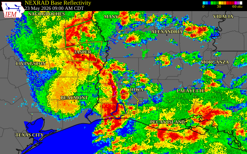 NEXRAD radar during the Saturday, May 23, 2026 storm activity in Beauregard Parish, Louisiana