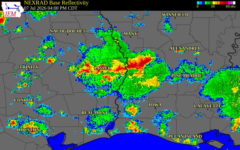 NEXRAD radar during the Tuesday, July 7, 2026 storm activity in Beauregard Parish, Louisiana