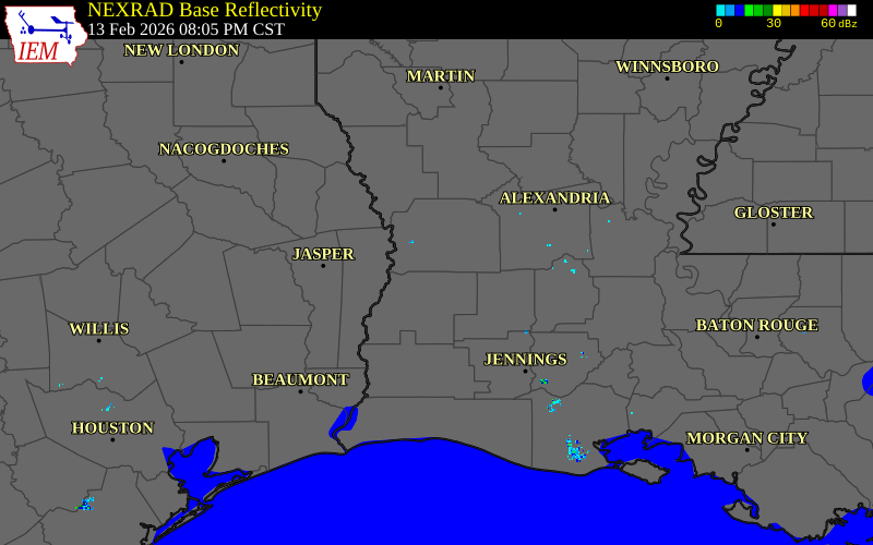 Radar snapshot during the Feb 13, 2026 wind event near 3 NE De Ridder, Beauregard Parish, Louisiana, with NWS warning polygons
