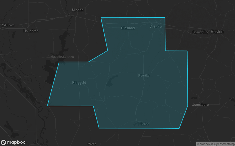 Map of Bienville Parish, Louisiana showing the county boundary and surrounding cities