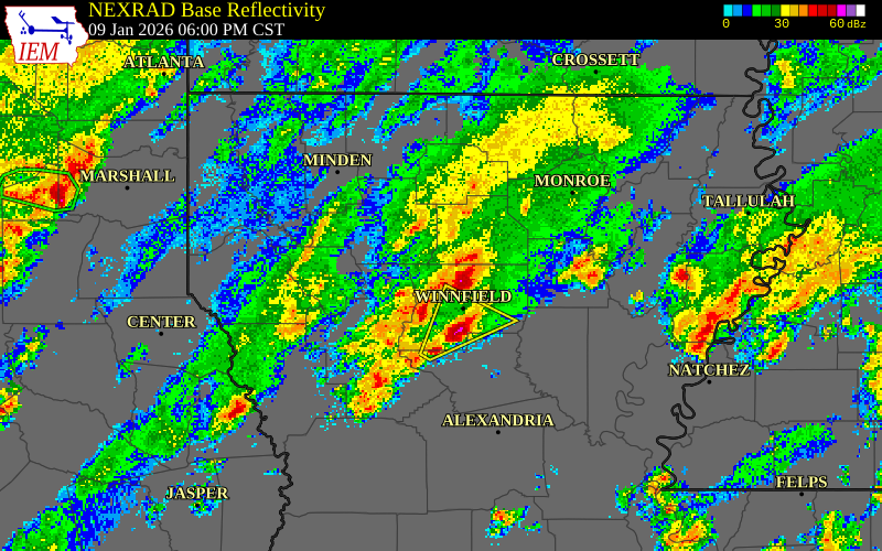 NEXRAD radar during the Friday, January 9, 2026 storm activity in Bienville Parish, Louisiana