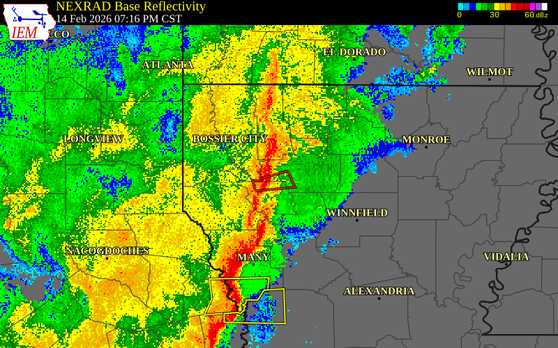 NEXRAD radar during the Saturday, February 14, 2026 storm activity in Bienville Parish, Louisiana