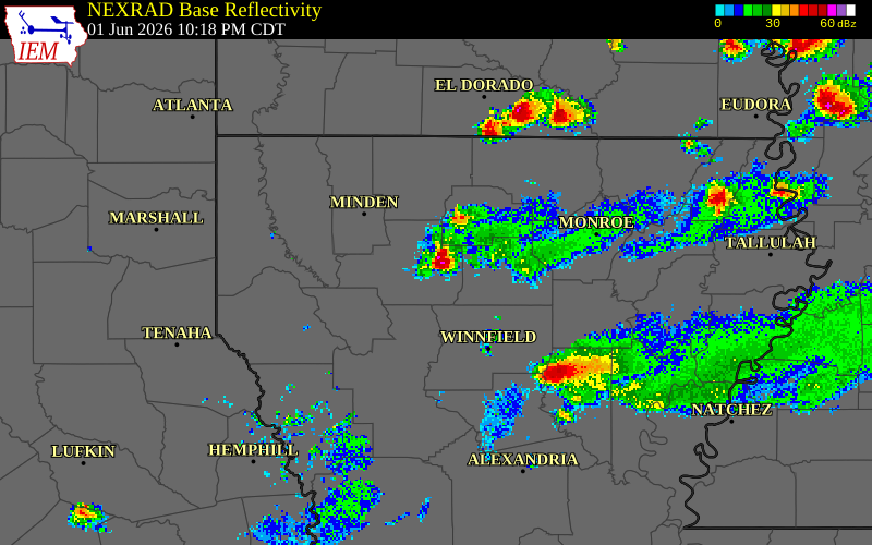 NEXRAD radar during the Monday, June 1, 2026 storm activity in Bienville Parish, Louisiana