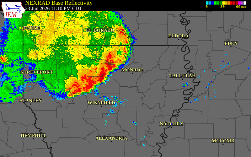 NEXRAD radar during the Tuesday, June 23, 2026 storm activity in Bienville Parish, Louisiana