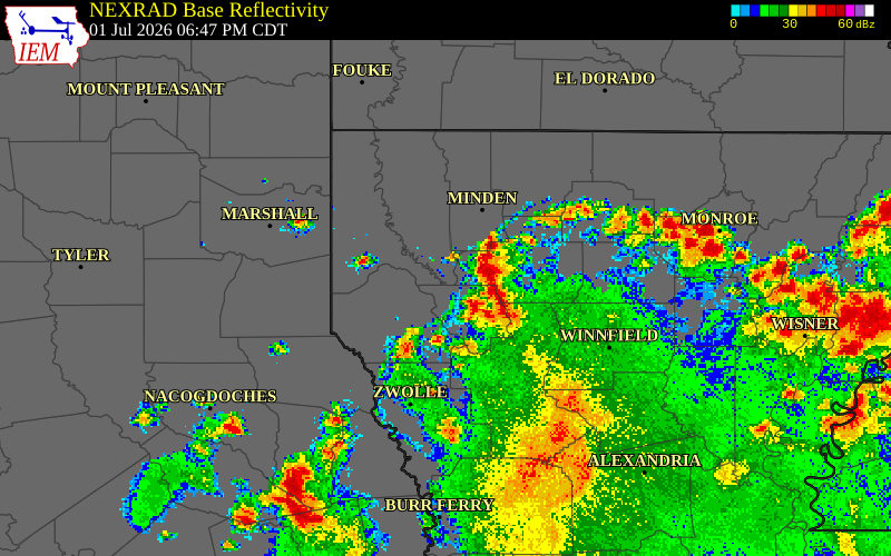 NEXRAD radar during the Wednesday, July 1, 2026 storm activity in Bienville Parish, Louisiana