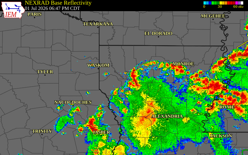 Radar snapshot during the Jul 1, 2026 wind event near Bienville Parish, Bienville Parish, Louisiana, with NWS warning polygons