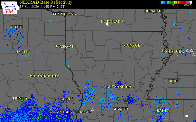 Current NEXRAD radar over Bienville Parish, Louisiana with recent storm report locations
