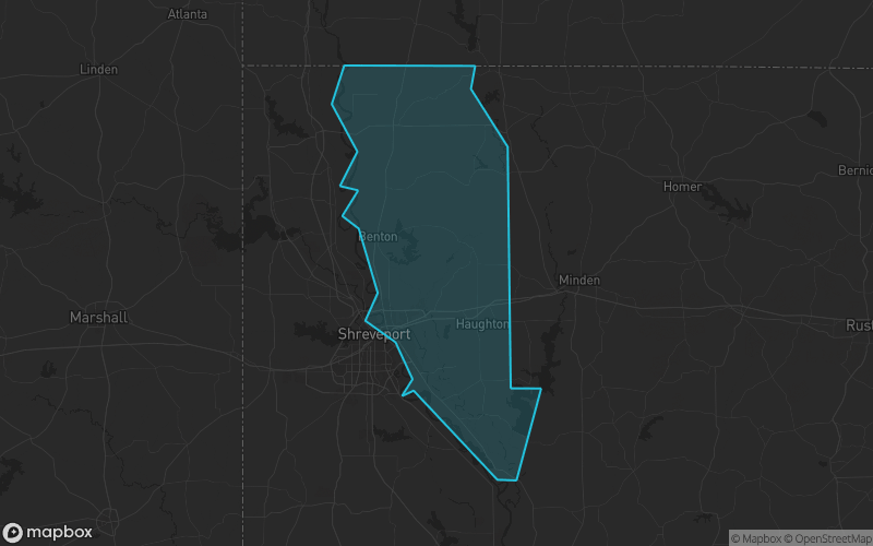 Map of Bossier Parish, Louisiana showing the county boundary and surrounding cities