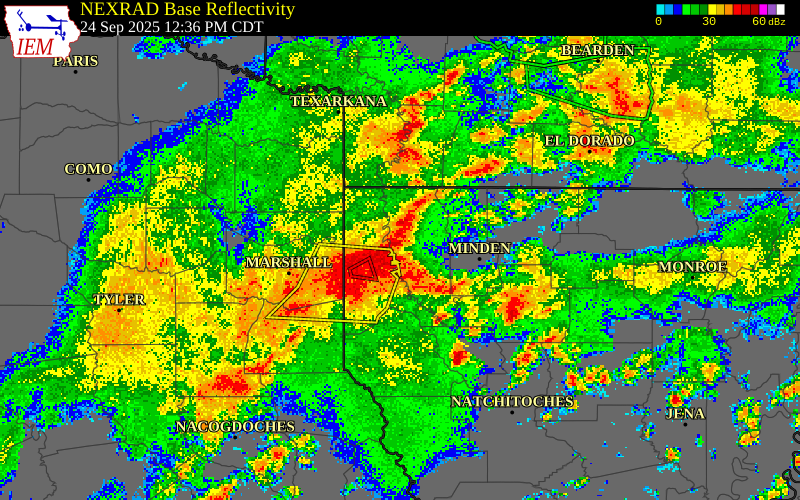 NEXRAD radar during the Wednesday, September 24, 2025 storm activity in Bossier Parish, Louisiana