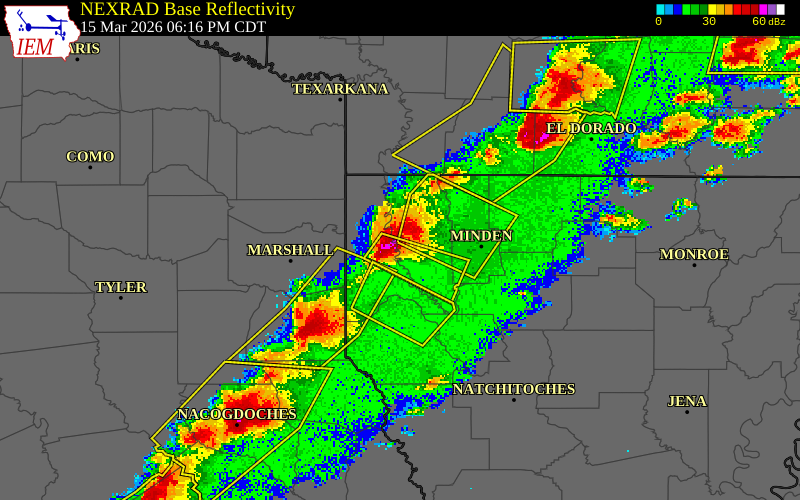 NEXRAD radar during the Sunday, March 15, 2026 storm activity in Bossier Parish, Louisiana