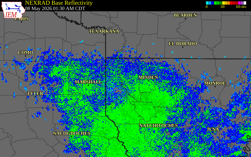 NEXRAD radar during the Friday, May 8, 2026 storm activity in Bossier Parish, Louisiana