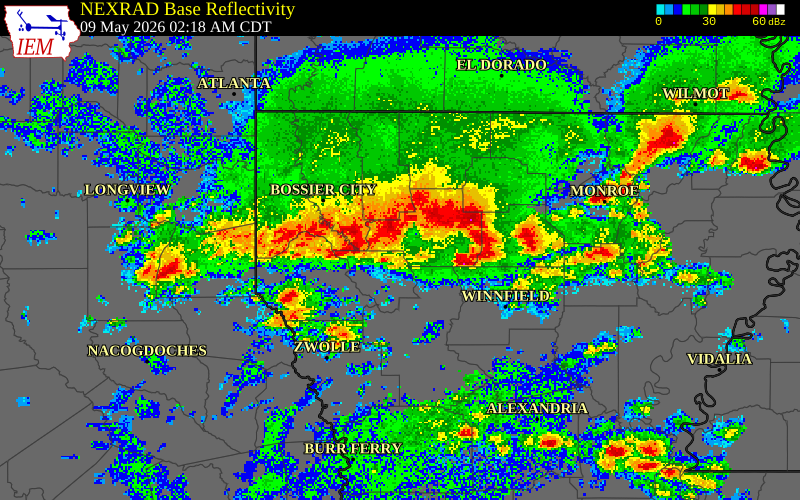 NEXRAD radar during the Saturday, May 9, 2026 storm activity in Bossier Parish, Louisiana