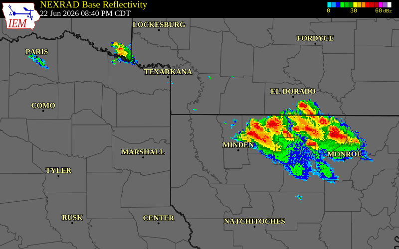 NEXRAD radar during the Monday, June 22, 2026 storm activity in Bossier Parish, Louisiana