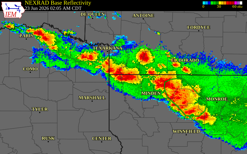 NEXRAD radar during the Tuesday, June 23, 2026 storm activity in Bossier Parish, Louisiana