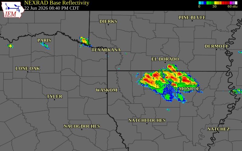 Radar snapshot during the Jun 22, 2026 tornado event near 1 W Plain Dealing, Bossier Parish, Louisiana, with NWS warning polygons