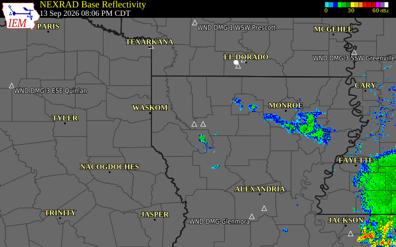 Current NEXRAD radar over Bossier Parish, Louisiana with recent storm report locations