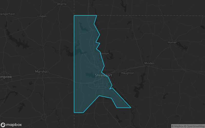 Map of Caddo Parish, Louisiana showing the county boundary and surrounding cities
