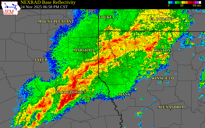 NEXRAD radar during the Monday, November 24, 2025 storm activity in Caddo Parish, Louisiana