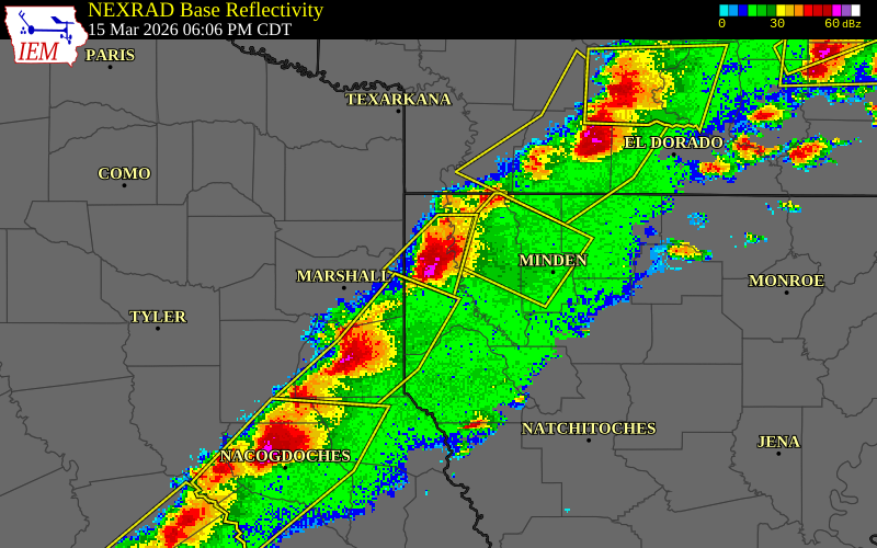 NEXRAD radar during the Sunday, March 15, 2026 storm activity in Caddo Parish, Louisiana