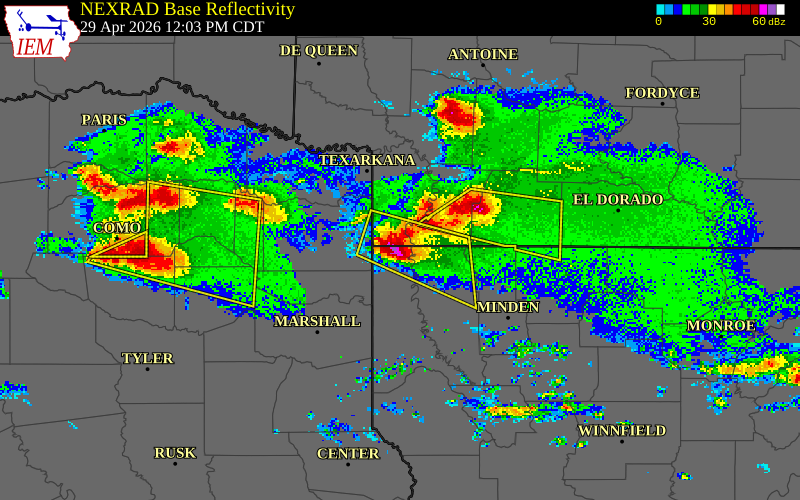 NEXRAD radar during the Wednesday, April 29, 2026 storm activity in Caddo Parish, Louisiana