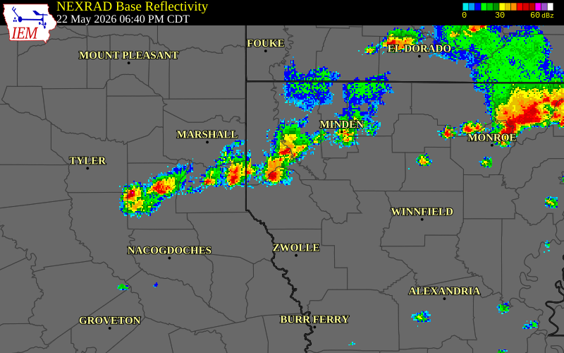 NEXRAD radar during the Friday, May 22, 2026 storm activity in Caddo Parish, Louisiana