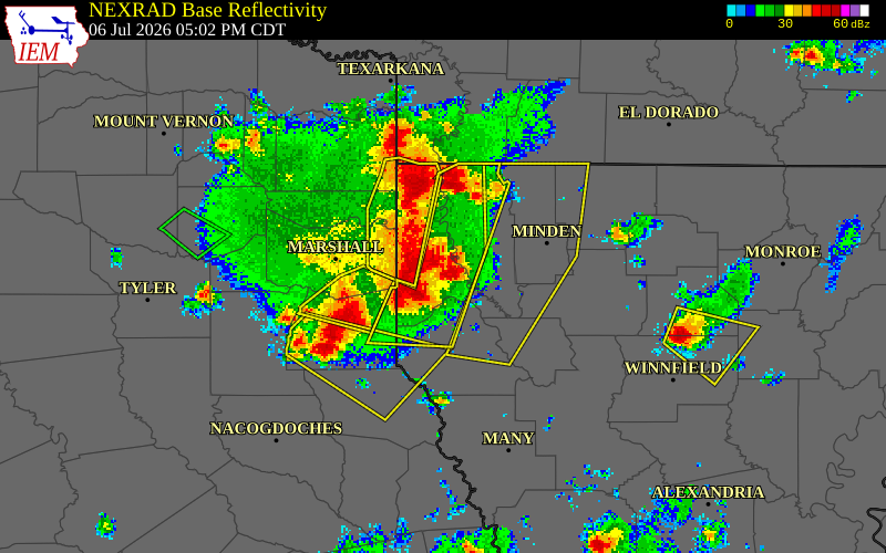NEXRAD radar during the Monday, July 6, 2026 storm activity in Caddo Parish, Louisiana