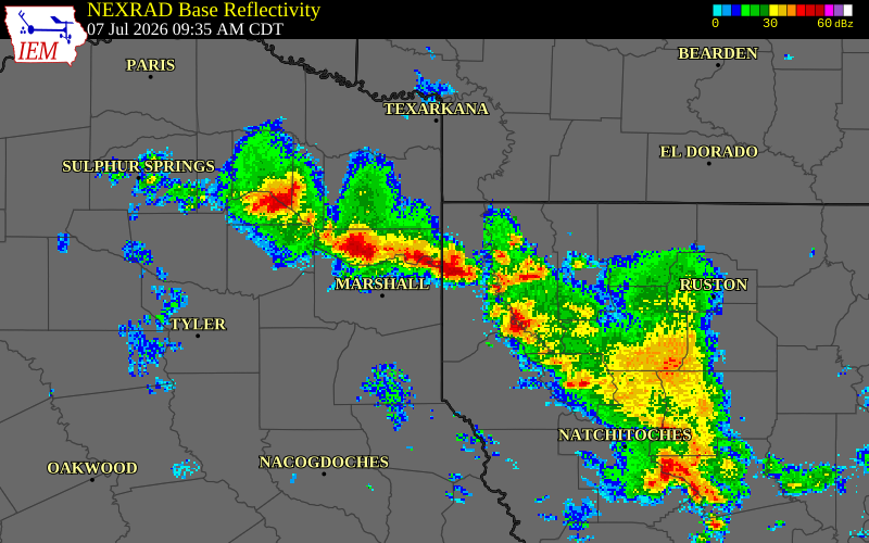 NEXRAD radar during the Tuesday, July 7, 2026 storm activity in Caddo Parish, Louisiana
