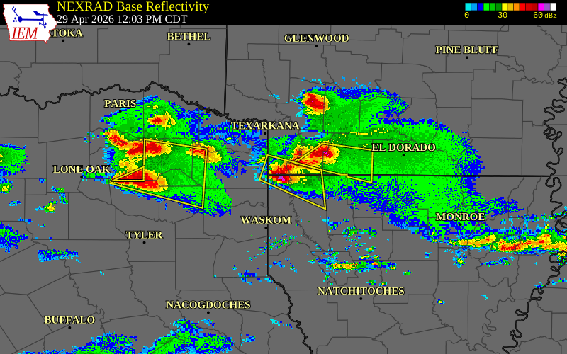 Radar snapshot during the Apr 29, 2026 hail event near Ida, Caddo Parish, Louisiana, with NWS warning polygons