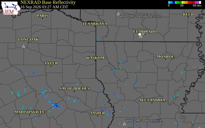 Current NEXRAD radar over Caddo Parish, Louisiana with recent storm report locations
