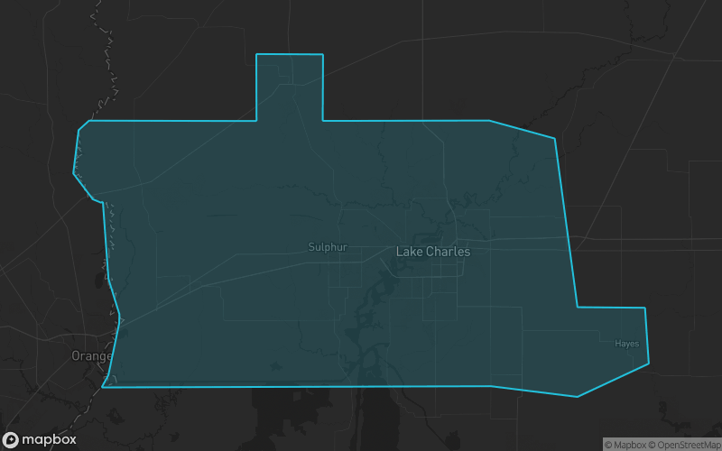 Map of Calcasieu Parish, Louisiana showing the county boundary and surrounding cities