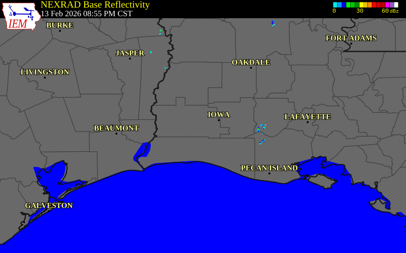 NEXRAD radar during the Friday, February 13, 2026 storm activity in Calcasieu Parish, Louisiana