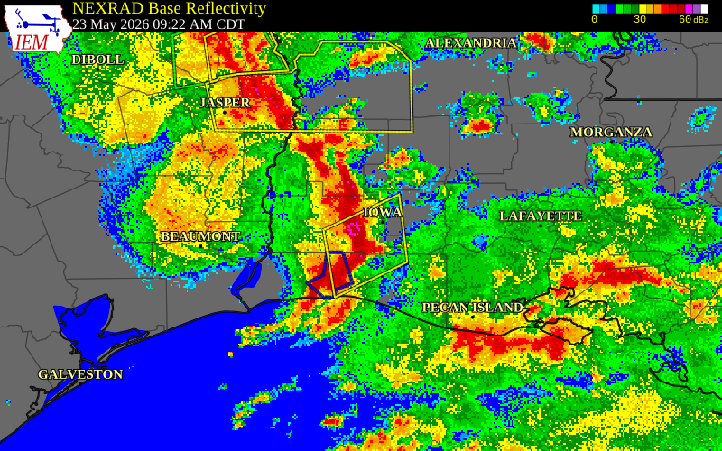 NEXRAD radar during the Saturday, May 23, 2026 storm activity in Calcasieu Parish, Louisiana