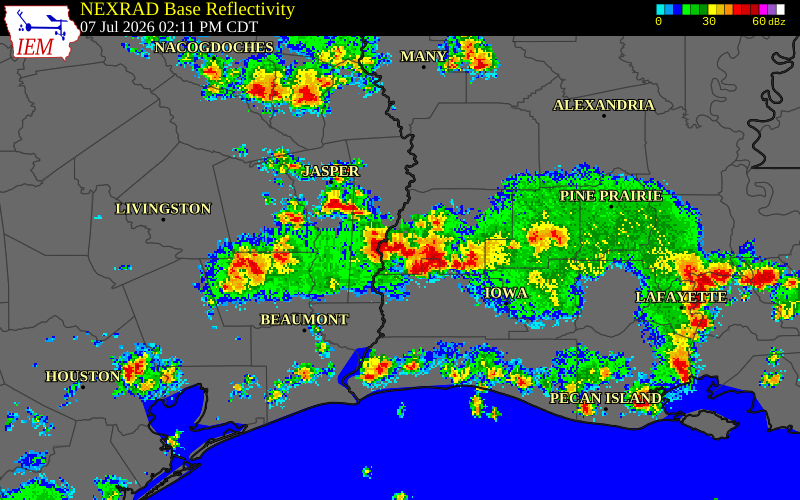 NEXRAD radar during the Tuesday, July 7, 2026 storm activity in Calcasieu Parish, Louisiana