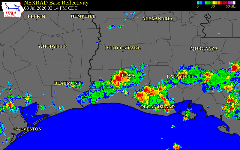 NEXRAD radar during the Wednesday, July 8, 2026 storm activity in Calcasieu Parish, Louisiana