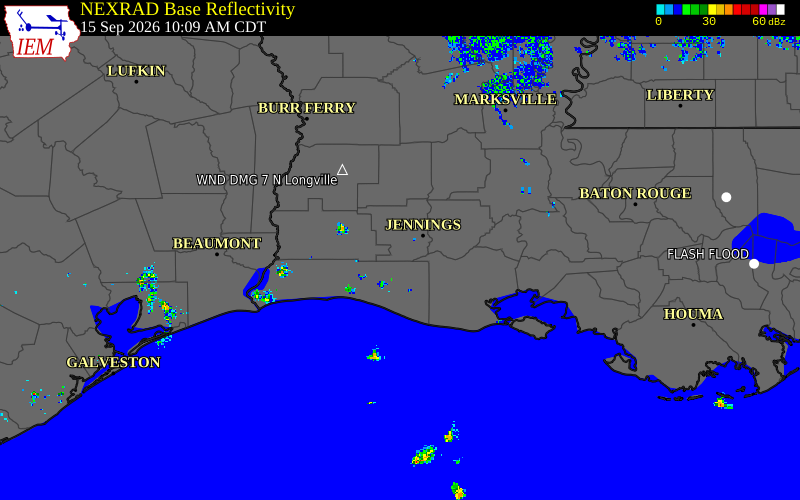 Current NEXRAD radar over Calcasieu Parish, Louisiana with recent storm report locations