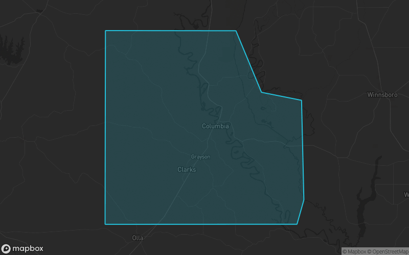 Map of Caldwell Parish, Louisiana showing the county boundary and surrounding cities