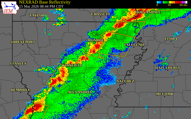NEXRAD radar during the Sunday, March 15, 2026 storm activity in Caldwell Parish, Louisiana