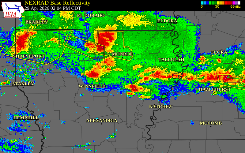 NEXRAD radar during the Wednesday, April 29, 2026 storm activity in Caldwell Parish, Louisiana