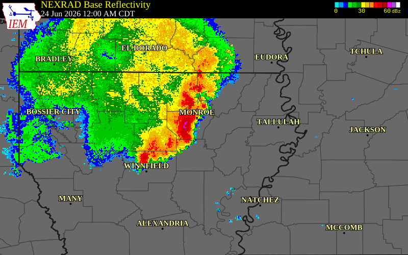 NEXRAD radar during the Wednesday, June 24, 2026 storm activity in Caldwell Parish, Louisiana