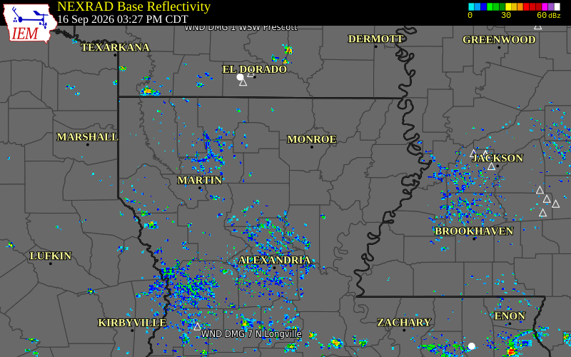 Current NEXRAD radar over Caldwell Parish, Louisiana with recent storm report locations