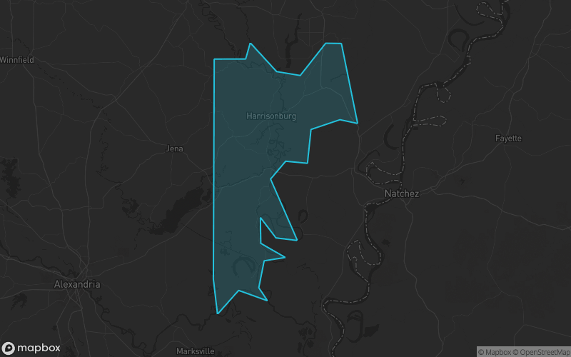 Map of Catahoula Parish, Louisiana showing the county boundary and surrounding cities