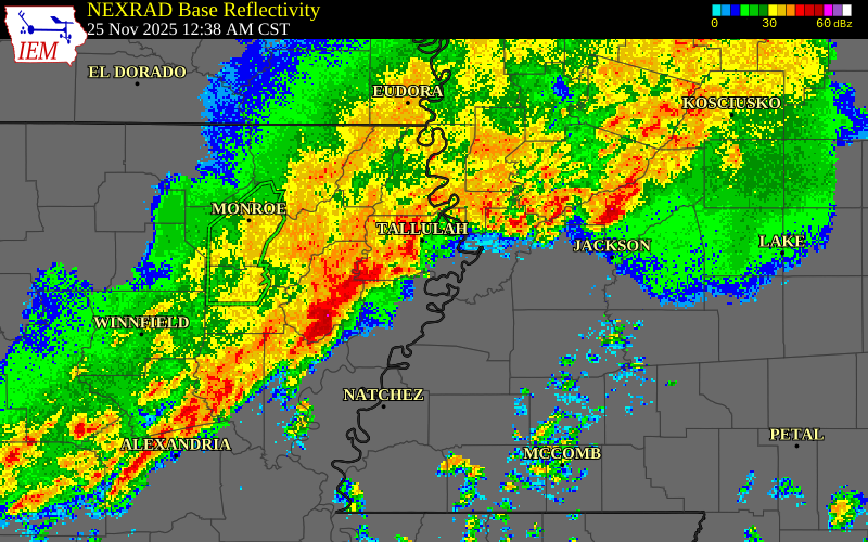 NEXRAD radar during the Tuesday, November 25, 2025 storm activity in Catahoula Parish, Louisiana