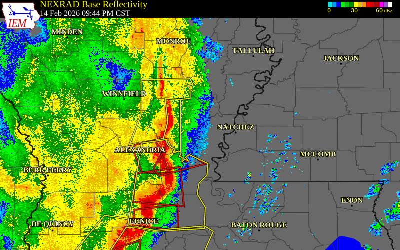 NEXRAD radar during the Saturday, February 14, 2026 storm activity in Catahoula Parish, Louisiana