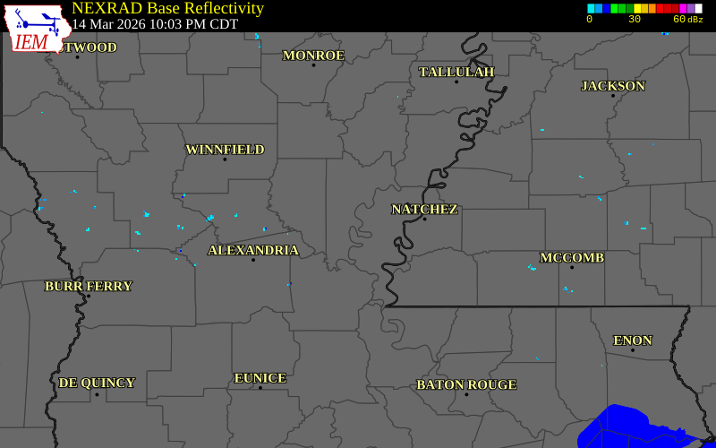 NEXRAD radar during the Saturday, March 14, 2026 storm activity in Catahoula Parish, Louisiana