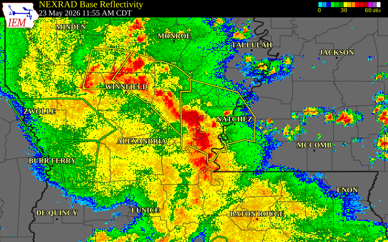 NEXRAD radar during the Saturday, May 23, 2026 storm activity in Catahoula Parish, Louisiana