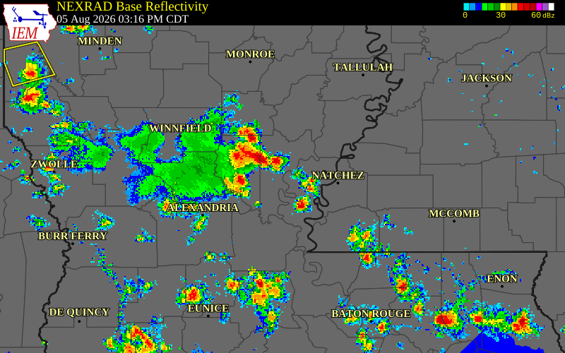 NEXRAD radar during the Wednesday, August 5, 2026 storm activity in Catahoula Parish, Louisiana