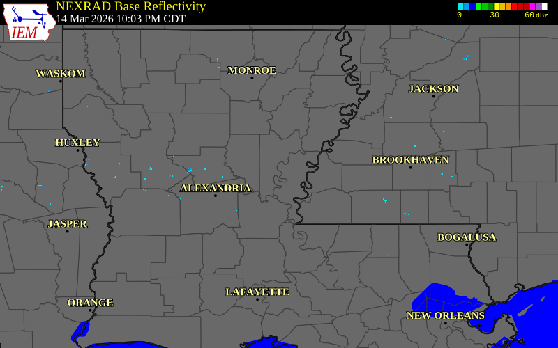 Radar snapshot during the Mar 14, 2026 hail event near 7 S Jonesville, Catahoula Parish, Louisiana, with NWS warning polygons
