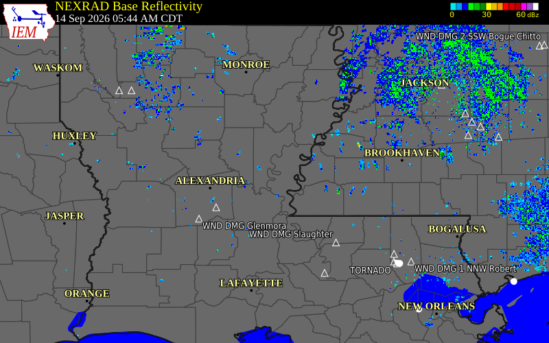 Current NEXRAD radar over Catahoula Parish, Louisiana with recent storm report locations