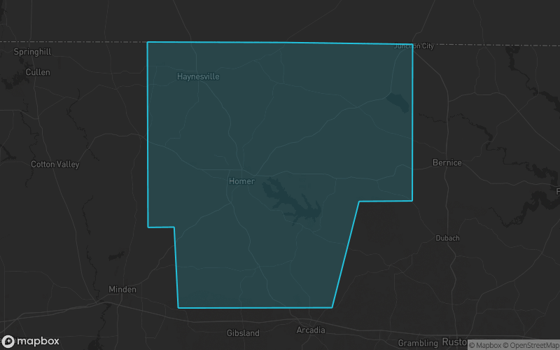 Map of Claiborne Parish, Louisiana showing the county boundary and surrounding cities